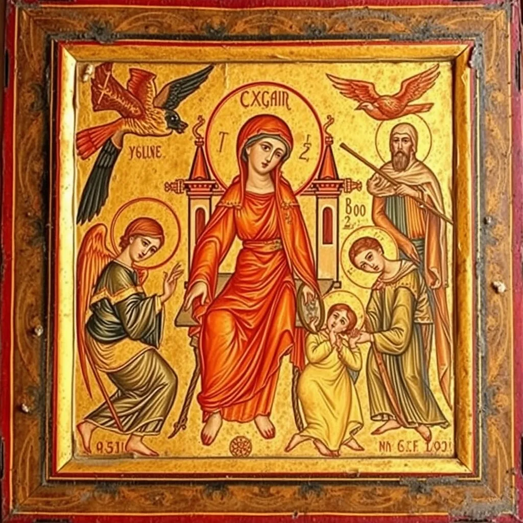 A red-and-gold Byzantine icon of the Virgin Mary with Christ, flanked by an angel and an apostle figure, in the style of medieval Eastern Christian iconography