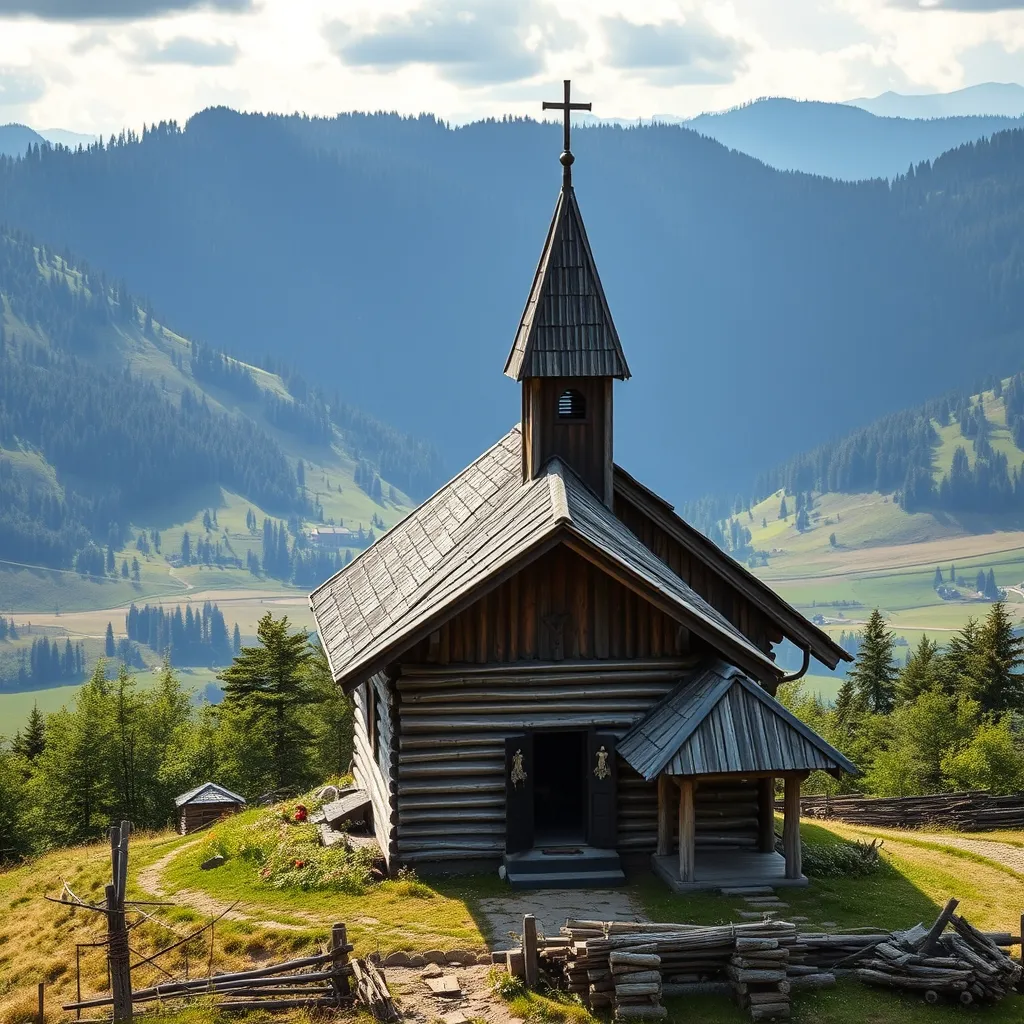 A traditional wooden Carpathian Greek Catholic church on a high mountain ridge, with forested blue mountains rolling into the distance