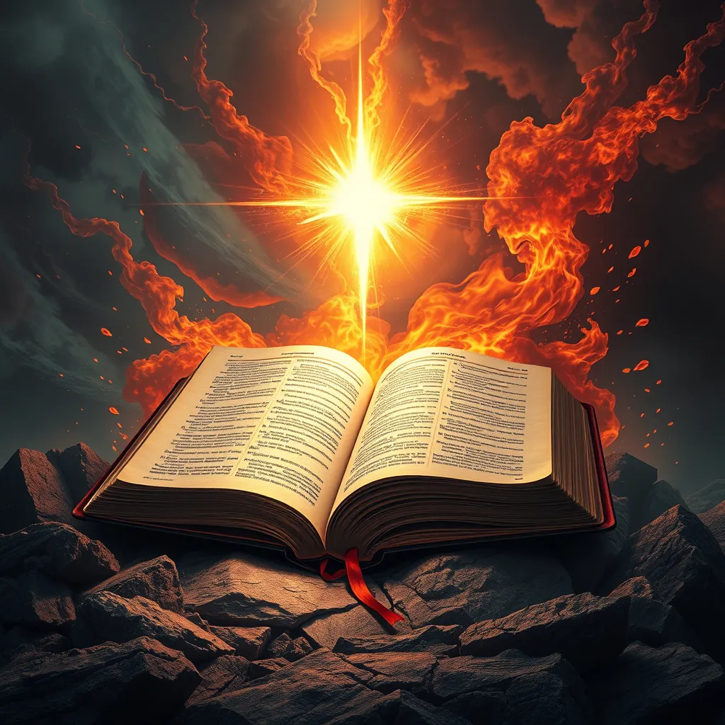 An open Bible with fire around it