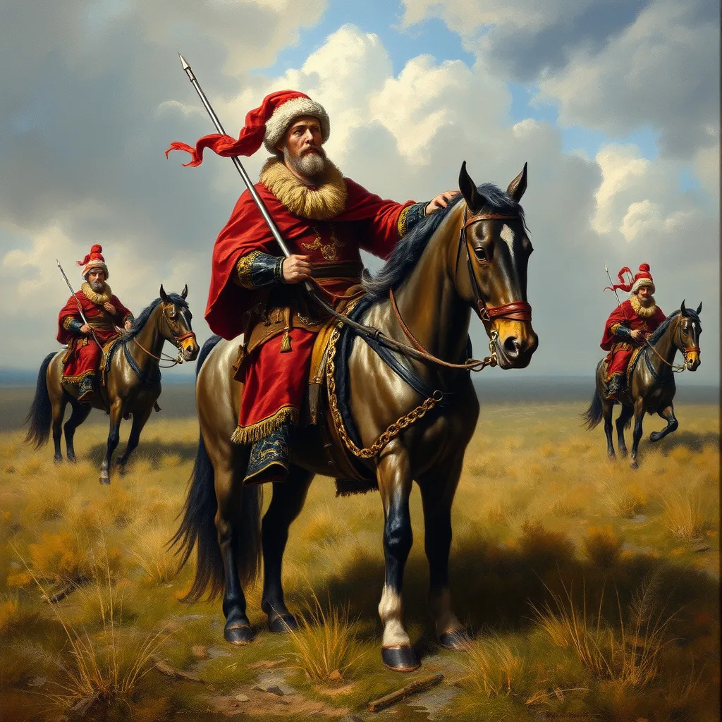 A Zaporozhian Cossack in a red coat and fur hat on horseback in the open steppe, holding a lance, with two mounted companions in the background